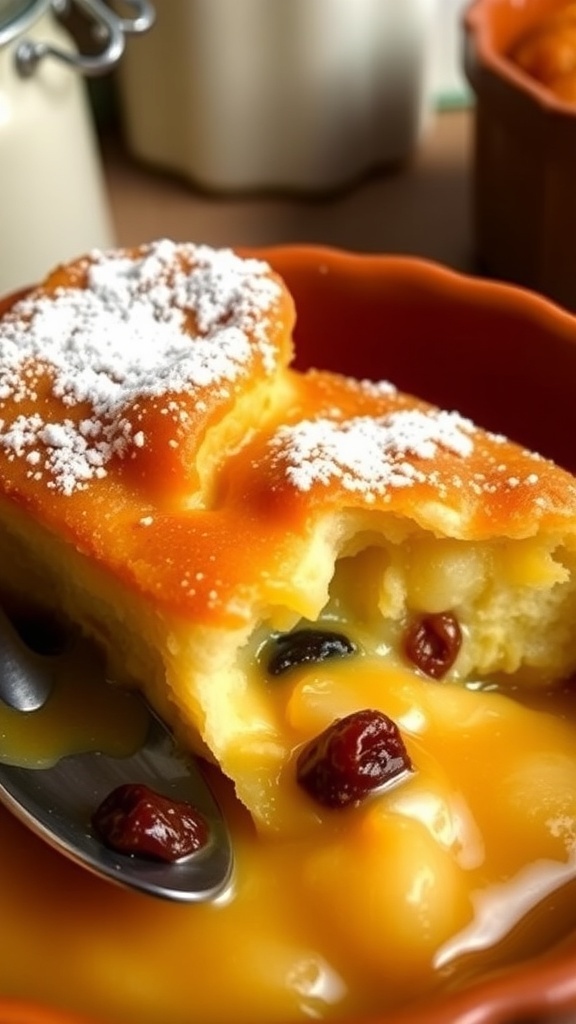 Warm bread pudding made from hot dog buns, dusted with powdered sugar, served in a rustic bowl.